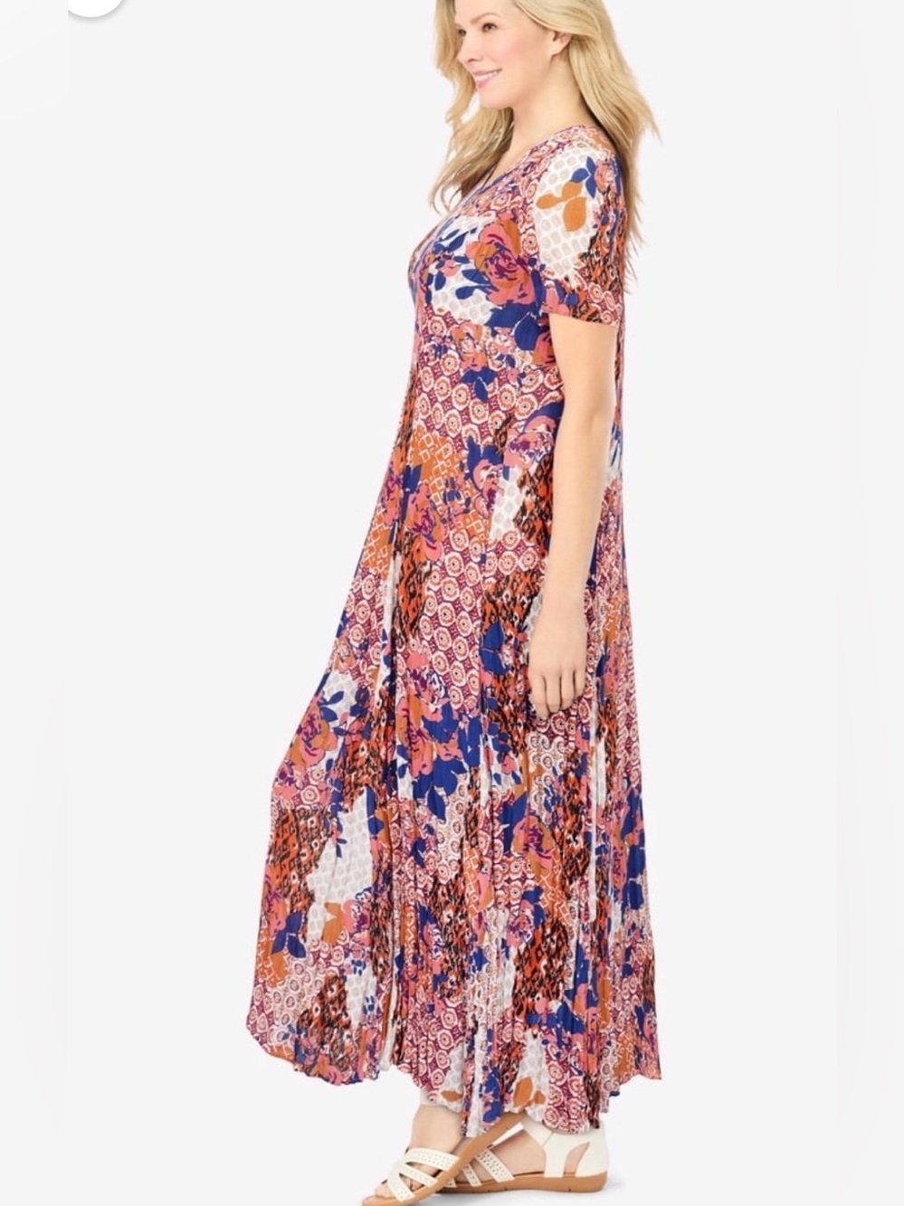 Woman Within Patchwork Floral Maxi Dress in Pink, Blue & Orange